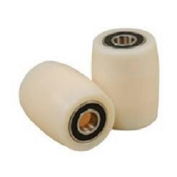 Bánh xe nâng tay cao 74x52mm đường kính 74mm bề rộng 52mm có sẵn 2 bạc đạn 6204 chất liệu nylong trắng
