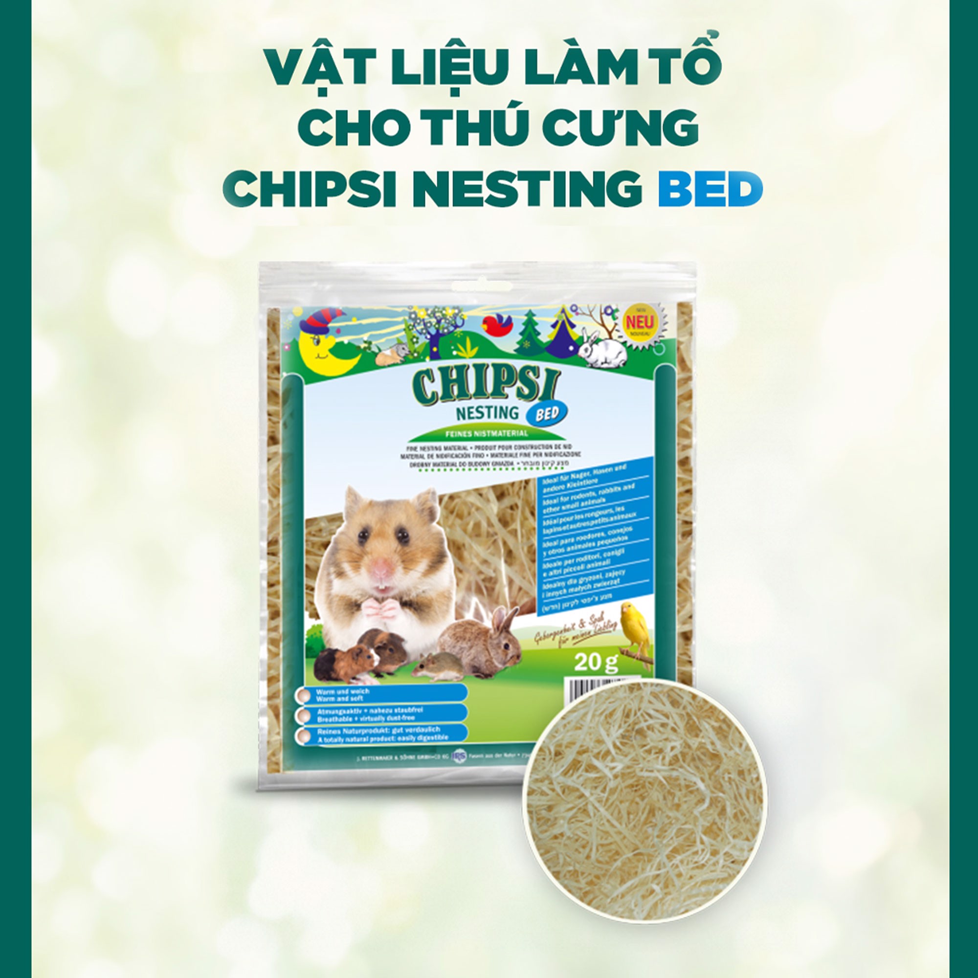CHIPSI NESTING - Lót Chuồng Cho Hamster (Chuột/Chim/Bò sát/Sóc) | Vật liệu làm tổ cho thú cưng | 100% gỗ bào tự nhiên | Không bụi