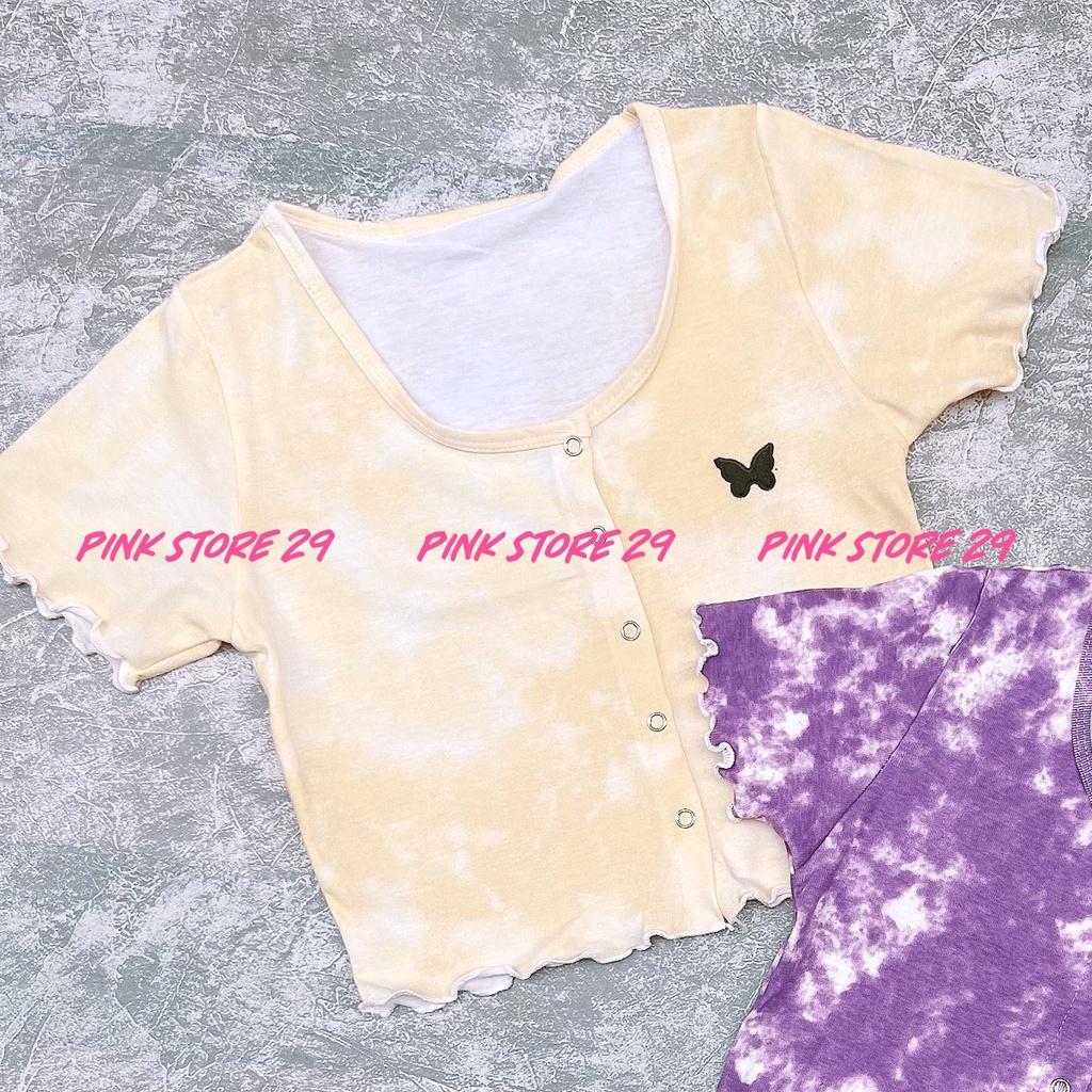 Áo Croptop Body Cổ Tròn Tay Ngắn Cúc Bấm Loang Màu Thêu Bướm A5086