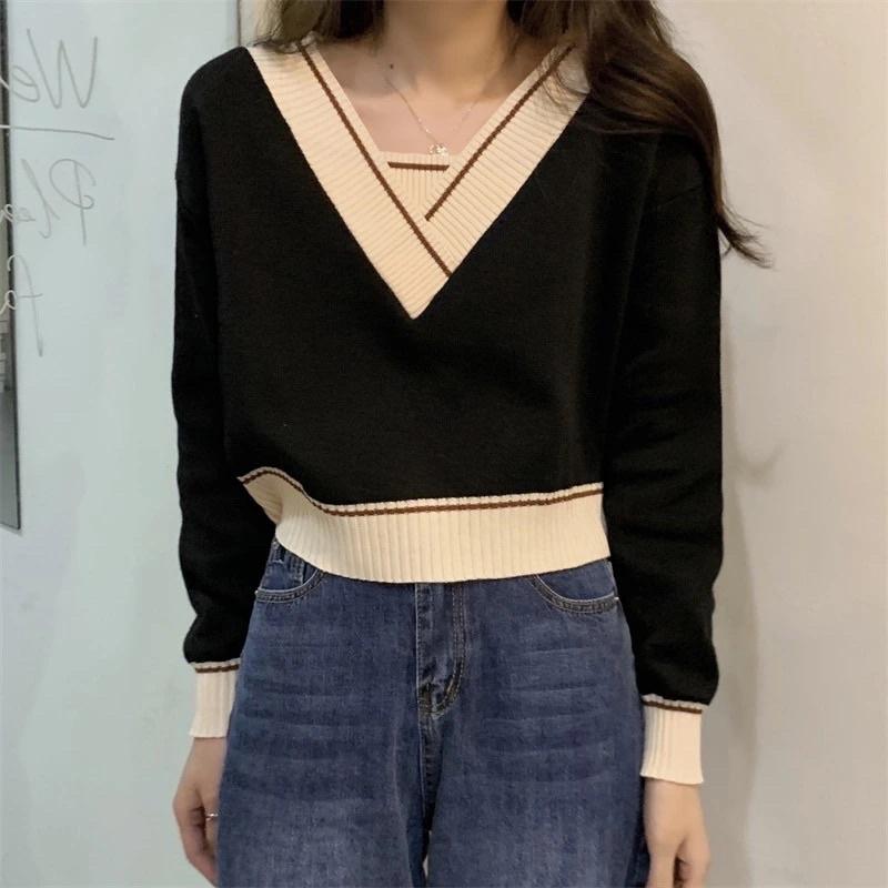 Áo Len Nữ Croptop Cổ Chữ V Màu Xanh Đen Trắng Be Xám Dài Tay Phong Cách Ulzzang Hàn Quốc Loại Đẹp Hàng Quảng Châu