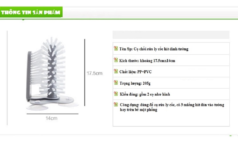 Cọ chổi rửa ly 2 đầu cọ đế hít chân không dính tường