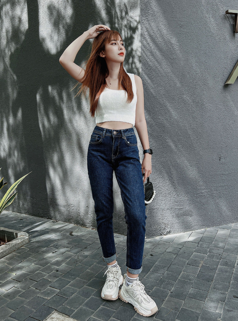 Quần jean nữ boyfriend baggy trơn dài co giãn HQJEANS