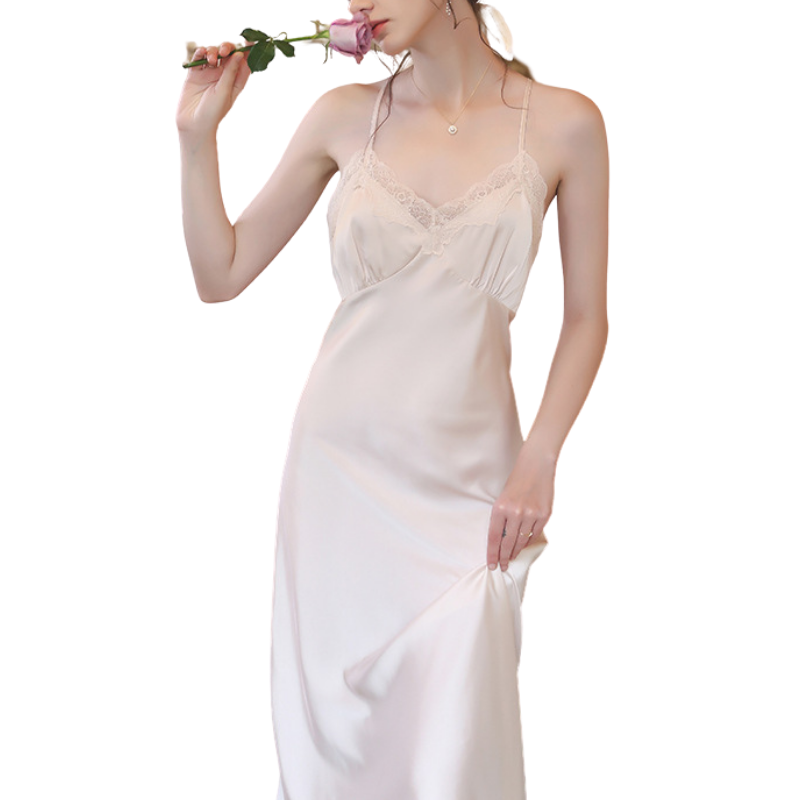 Đầm ngủ, Váy ngủ lụa Pháp thiết kế 2 dây chéo lưng phối ren cao cấp VILADY - V147