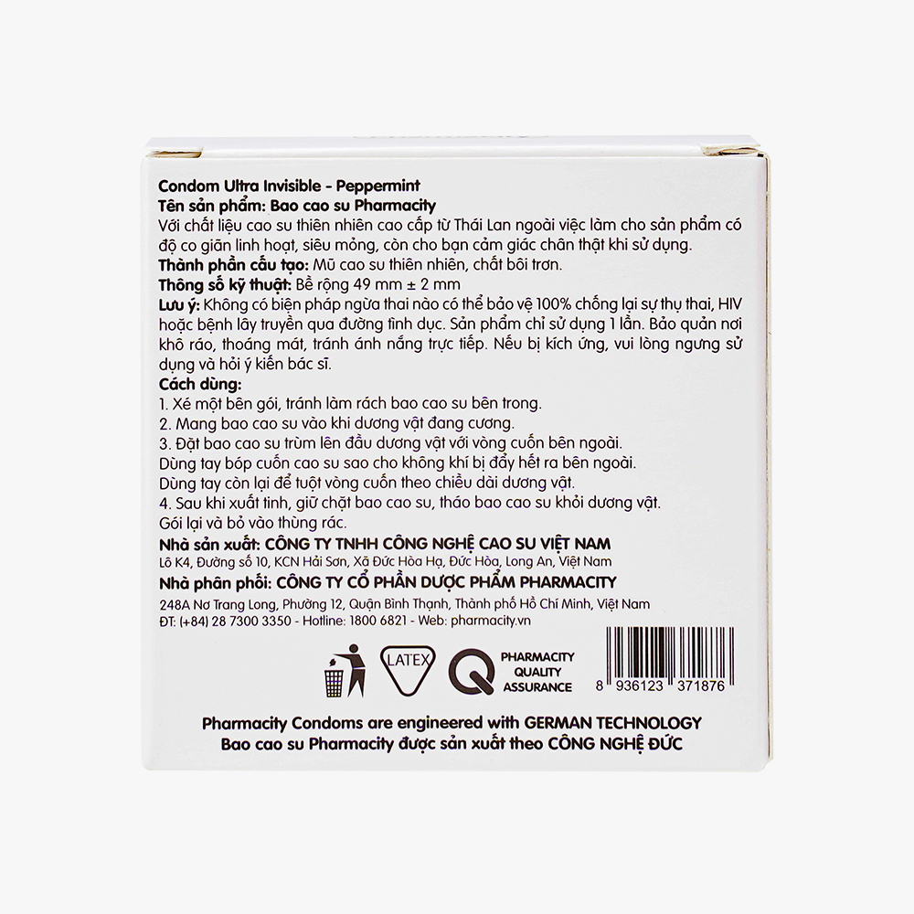 Bao cao su siêu mỏng Pharmacity Ultra Invisible (Hộp 3 cái)