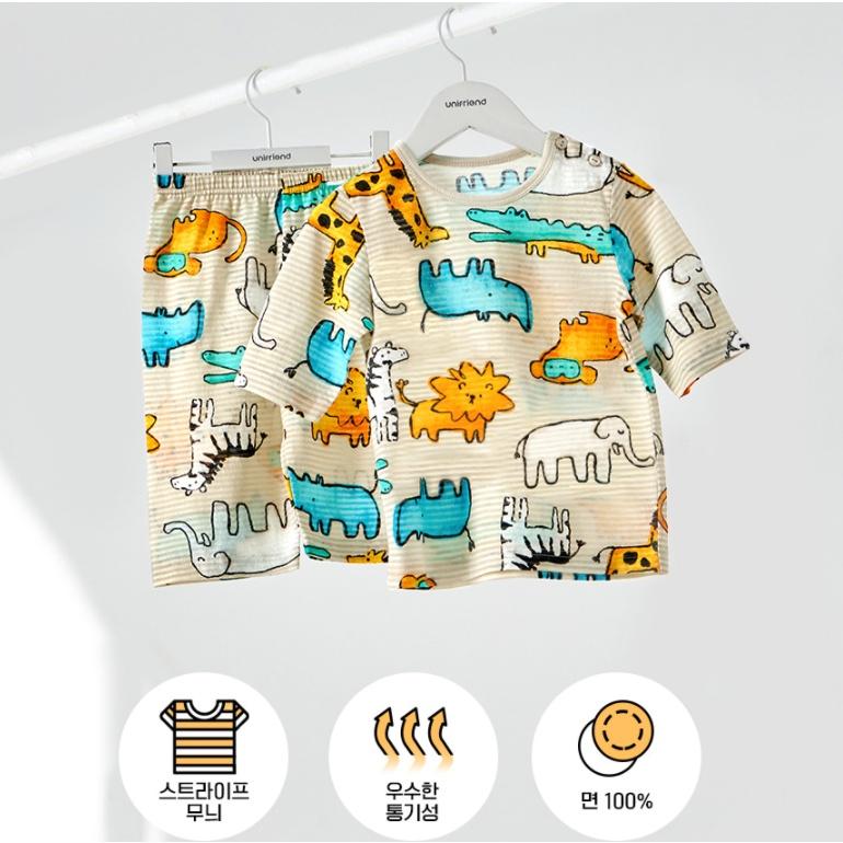 &lt;11-30kg - Size 3-8 tuổi&gt; Đồ bộ quần áo thun cotton lửng mùa hè cho bé trai Unifriend Hàn Quốc U2021-7