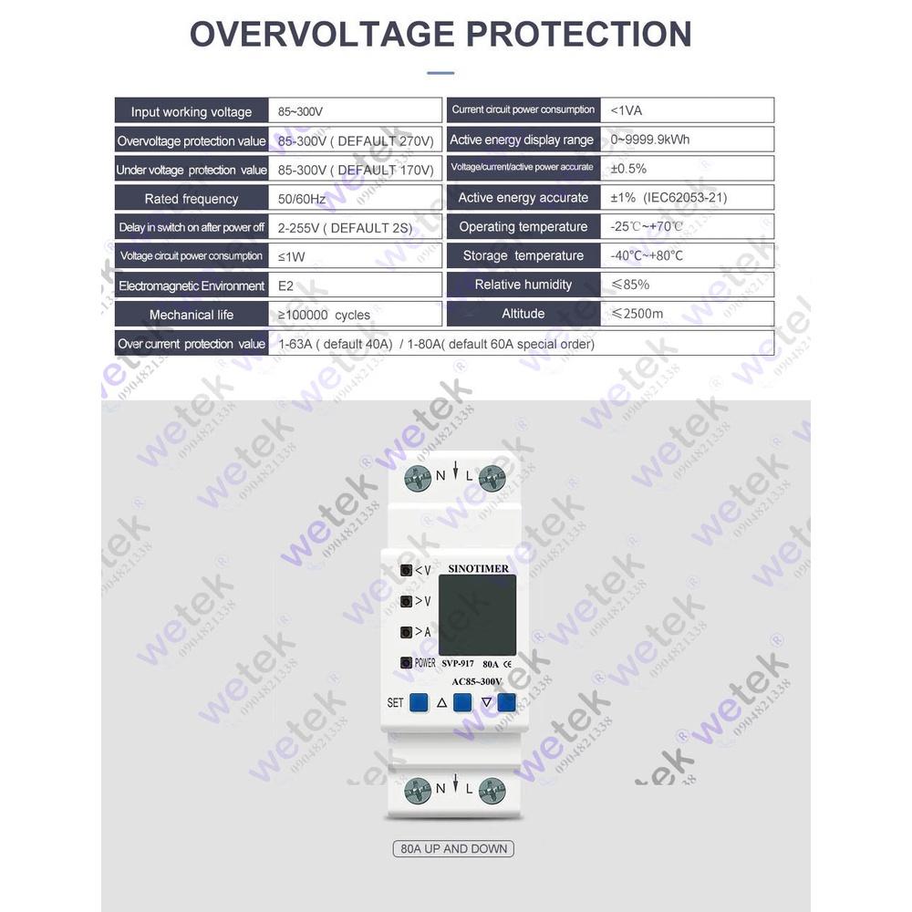 SVP-917 Công tơ kiêm bảo vệ điện áp, dòng điện, LCD, 9999.9kWh (2 chiều), 85~300Vac, 1~80A, đo V A kWh kW, Sinotimer