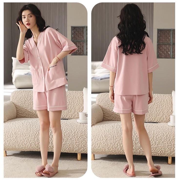 Bộ Pyjama Nữ Cộc Tay Ống Rộng Phối Viền Caro