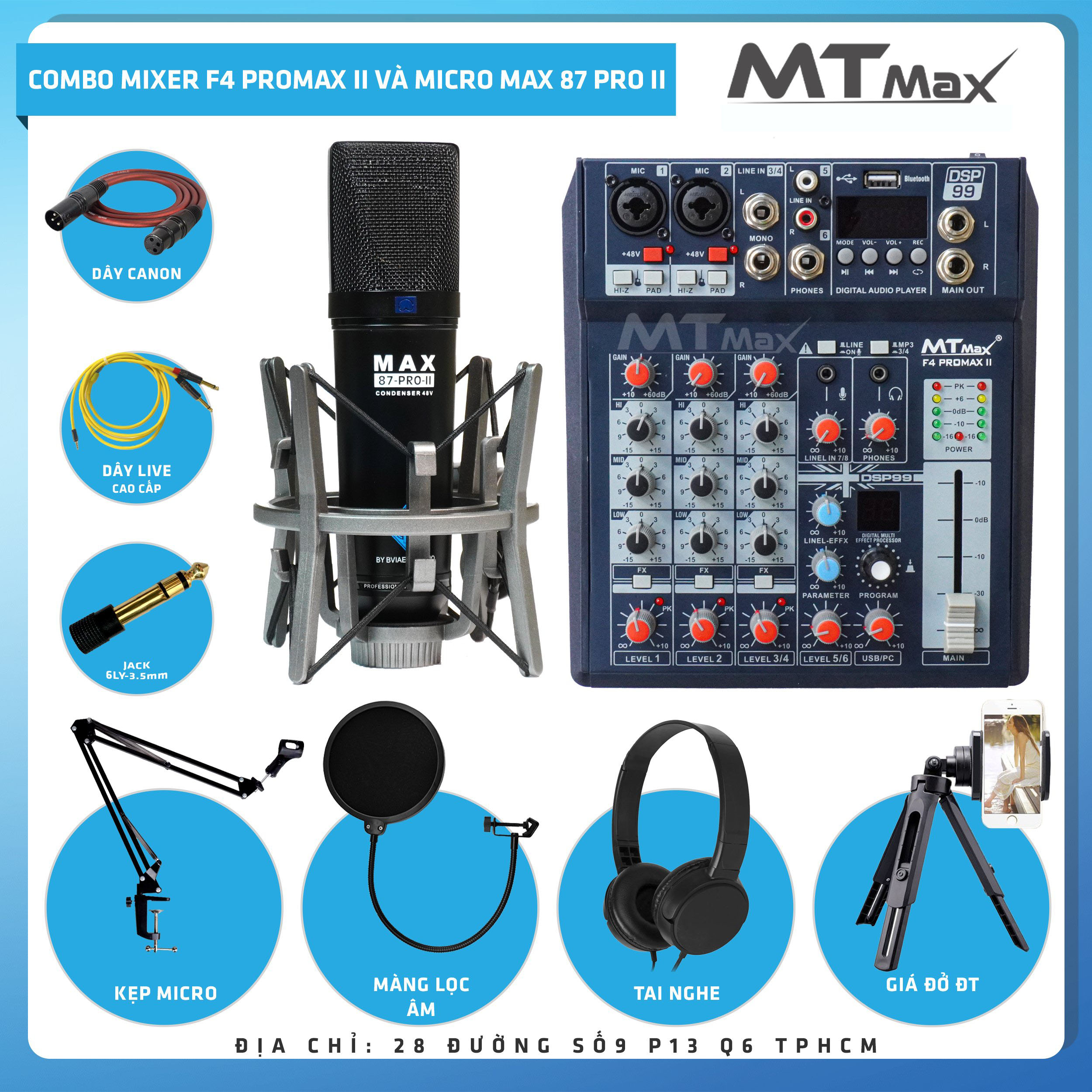 Combo thu âm, livestream Micro Max 87-Pro-II, Mixer MTMax F4 ProMax II - Kèm full phụ kiện tai nghe kiểm âm, kẹp micro, màng lọc, giá đỡ ĐT, dây canon, dây livestream - Hỗ trợ thu âm, karaoke online chuyên nghiệp - Hàng chính hãng