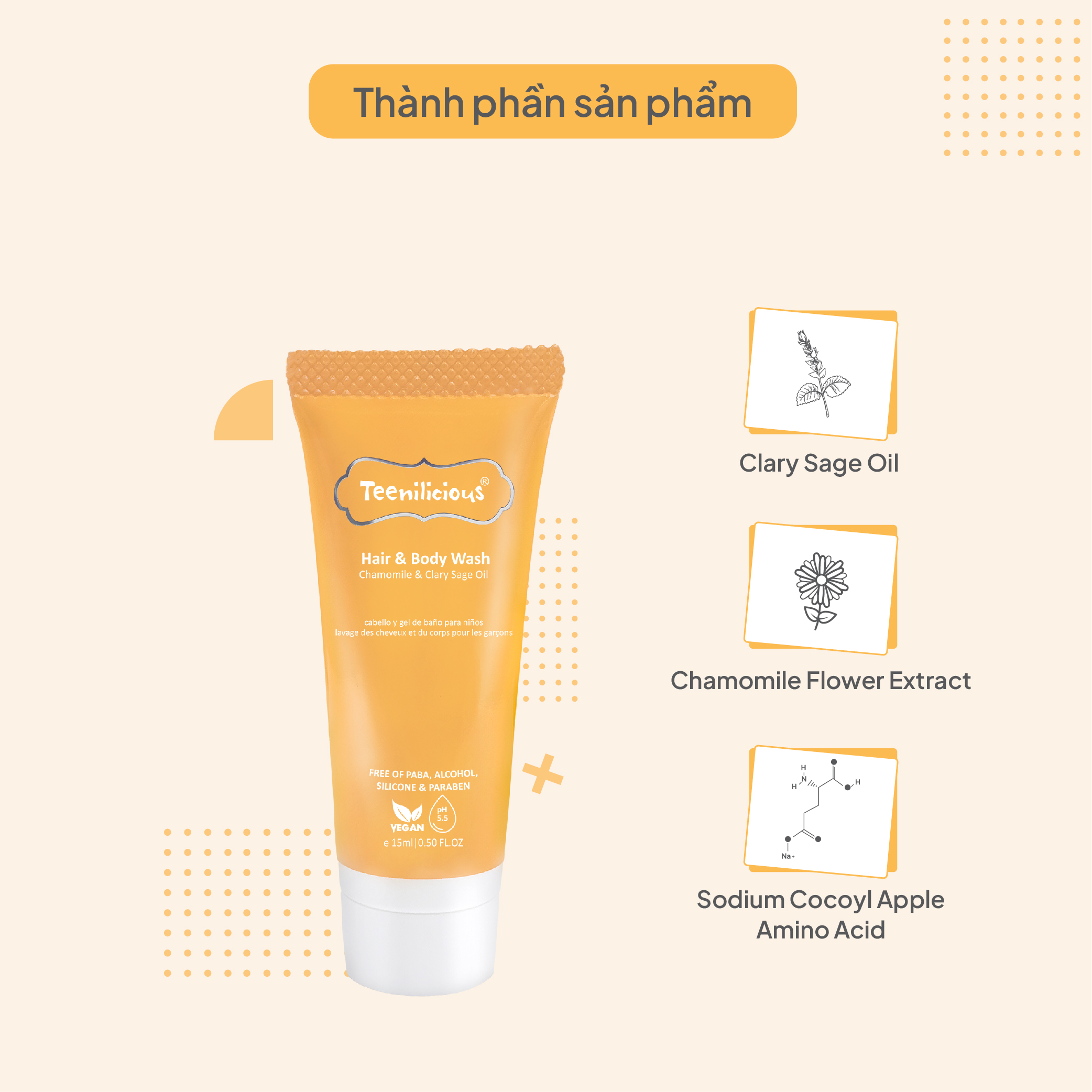 [Mini Size] Sữa Tắm Gội Toàn Thân Chiết Xuất Hoa Cúc Và Xô Thơm Teenilicious Hair &amp; Body Wash Chamomile &amp; Clary Sage Oil 15ml - Làm Sạch Bụi Bẩn Trên Da Và Tóc. Giúp Làm Đẹp Da Và Dưỡng Body