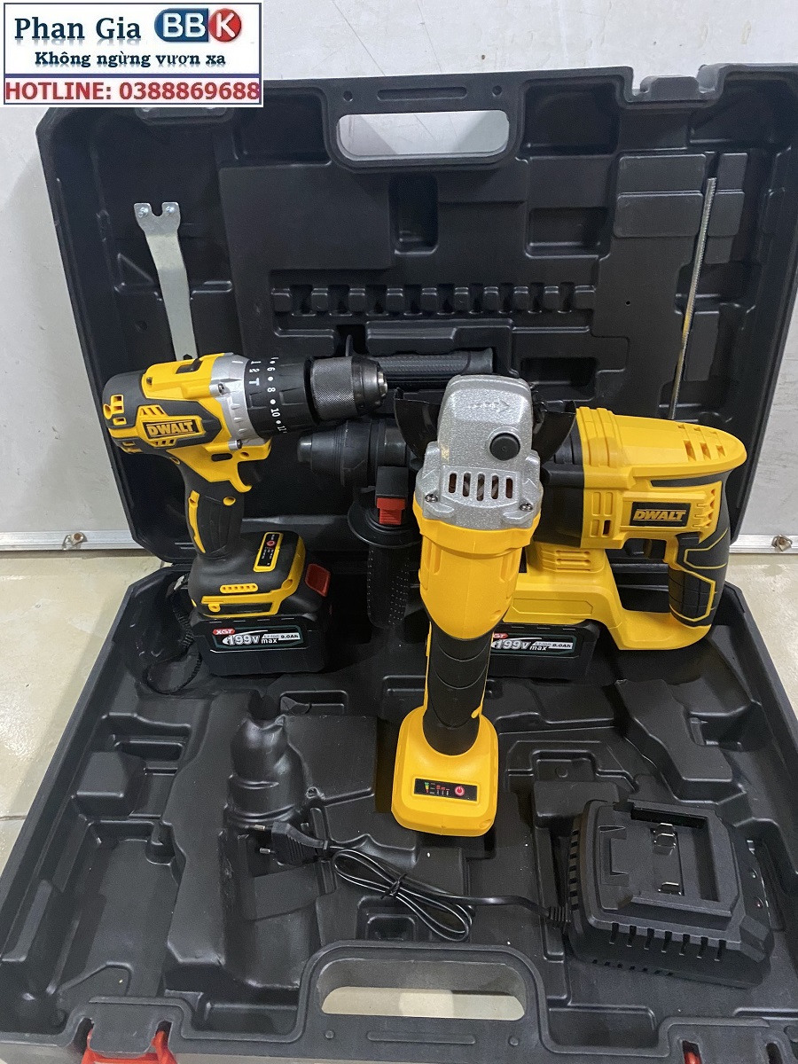 Bộ Combo Máy Khoan Đục Bê Tông, Máy Mài Và Máy Khoan Pin Dùng Pin 199V, 2 Pin 15Cell, Động Cơ Không Chổi Than, Bảo Hành 12 Tháng
