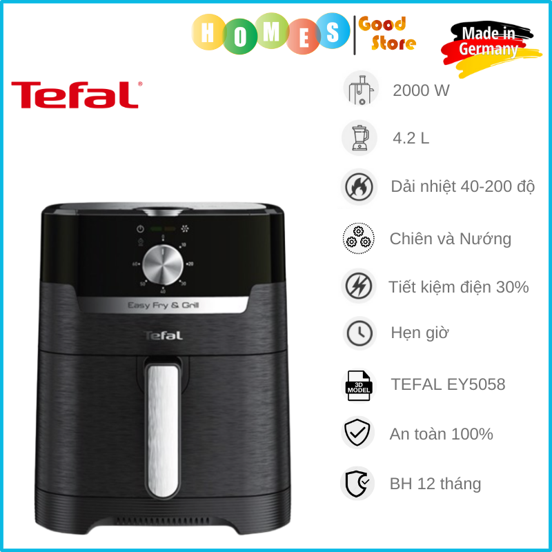 Nồi Chiên Không Dầu Kiêm Lò Nướng TEFAL EY5058 Easy Fry & Grill XL Classic - Nhập Khẩu Đức Dung Tích 4.2L Công Suất 2000 W - Hàng Nhập Khẩu