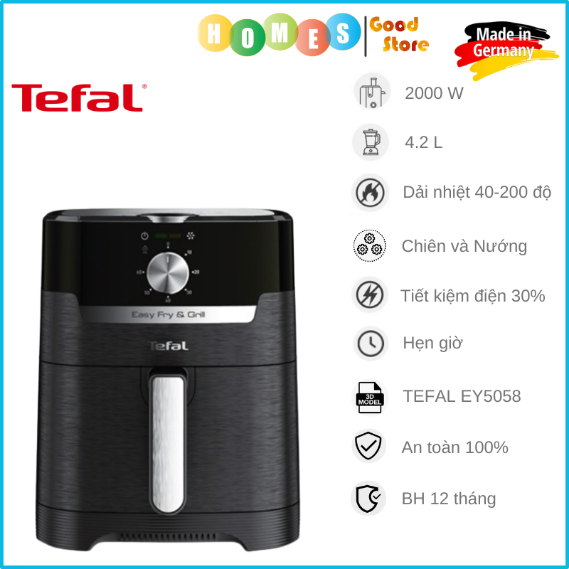 Nồi Chiên Không Dầu Kiêm Lò Nướng TEFAL EY5058 Easy Fry &amp; Grill XL Classic, Nhập Khẩu Đức Dung Tích 4.2L, Công Suất 2000W - Hàng Nhập Khẩu