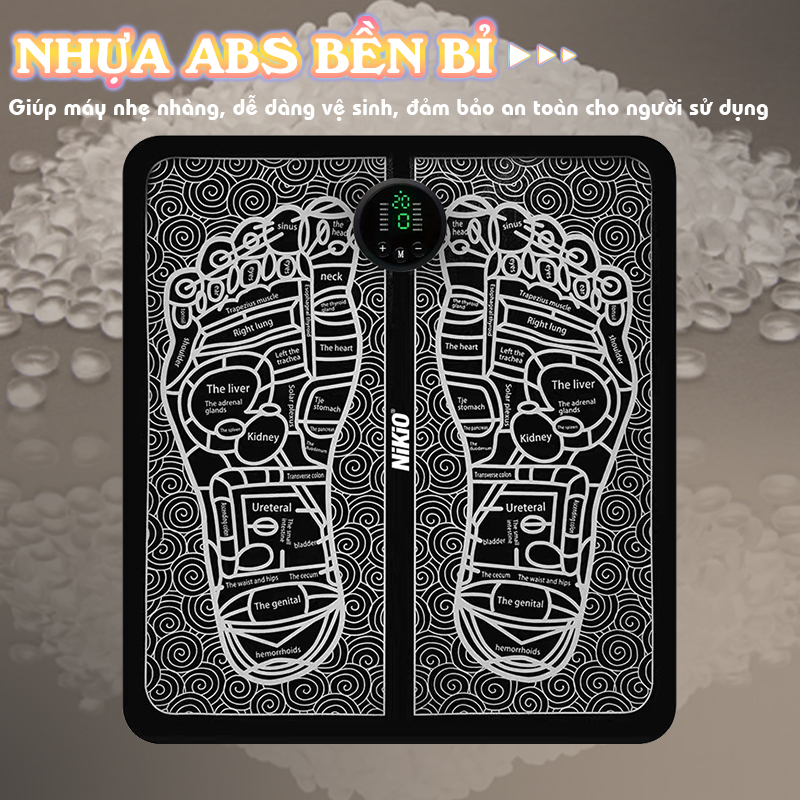 Thảm massage bàn chân xung điện Nikio NK-106 có 12 chế độ, 19 cường độ matxa, thúc đẩy lưu thông máu, giảm tê bì và đau mỏi chân hiệu quả