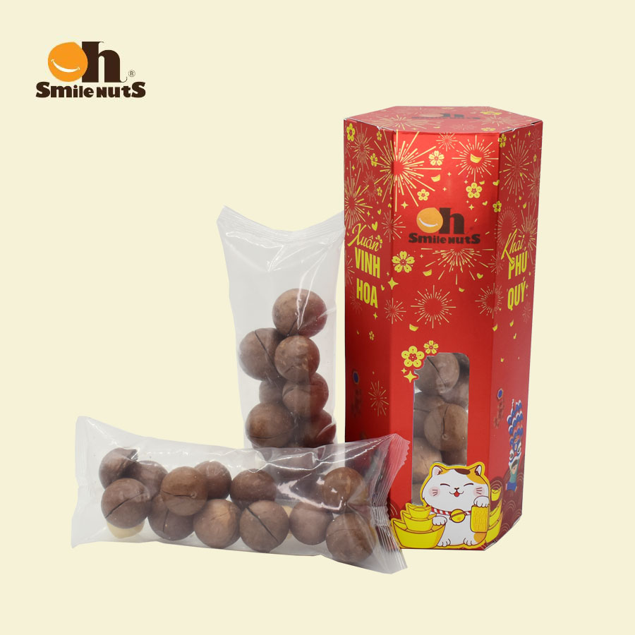 Hạt Macca Úc Smile Nuts nứt vỏ thượng hạng hộp 160g _ Hạt Macca Úc giúp bảo vệ tim mạch, hỗ trợ trao đổi chất và chống oxy hóa, vị thơm ngọt béo bùi, đảm bảo không hôi dầu _ Quà tết hộp lục giác 2023