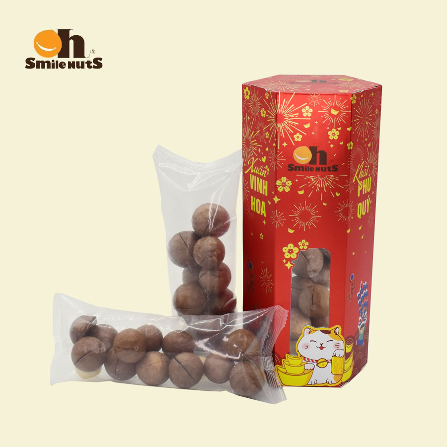 Hạt Macca Úc Smile Nuts nứt vỏ thượng hạng hộp 160g _ Hạt Macca Úc giúp bảo vệ tim mạch, hỗ trợ trao đổi chất và chống oxy hóa, vị thơm ngọt béo bùi, đảm bảo không hôi dầu _ Quà tết hộp lục giác 2023