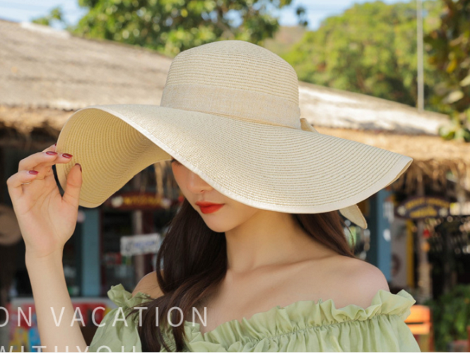Mũ cói rộng vành thắt nơ phong cách Hàn Màu kem, nón đi biển rộng vành cao cấp
