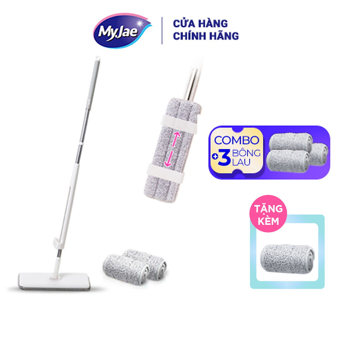 Combo 3 Bông Lau + 1 Cây Lau Nhà MyJae Đài Loan Sợi Microfiber Tự Vắt Kháng Khuẩn Ag+ 120cm