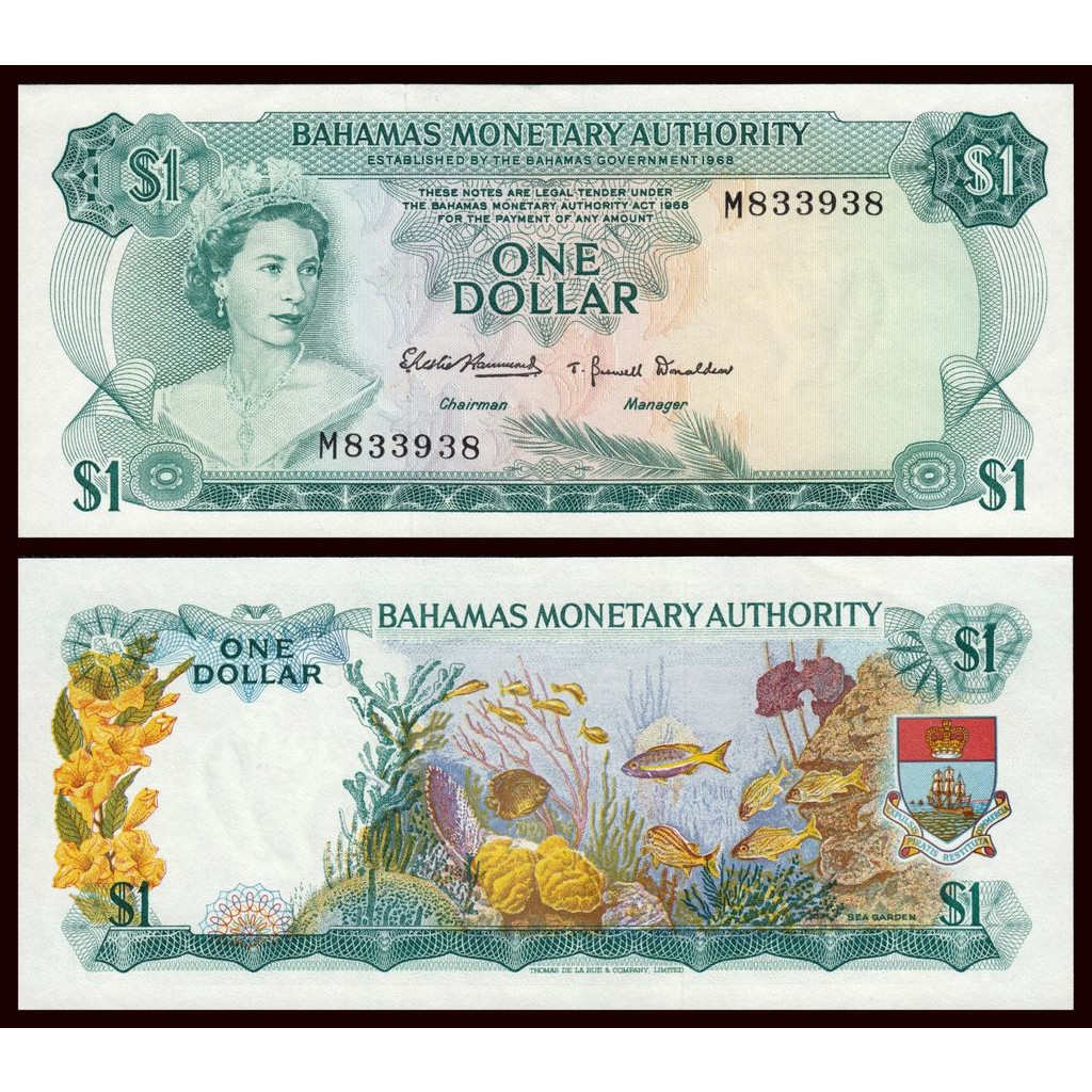 Tiền thế giới 1 dollar quần đảo Bahamas hình ảnh nữ hoàng Elizabethh II lúc mới lên ngôi
