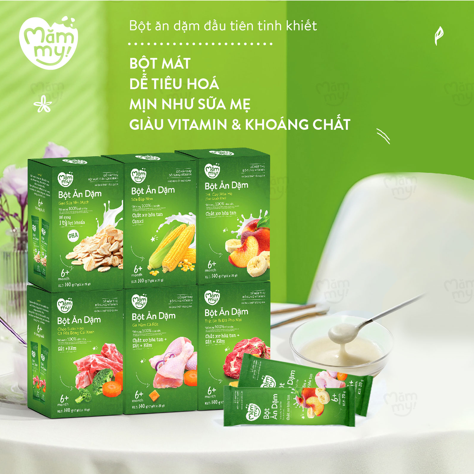 Combo khởi đầu 3 hộp bột ăn dặm Mămmy cho bé 6 tháng+: bột gạo sữa yến mạch, bột trái cây, bột sữa bắp non, 140gr/1 hộp