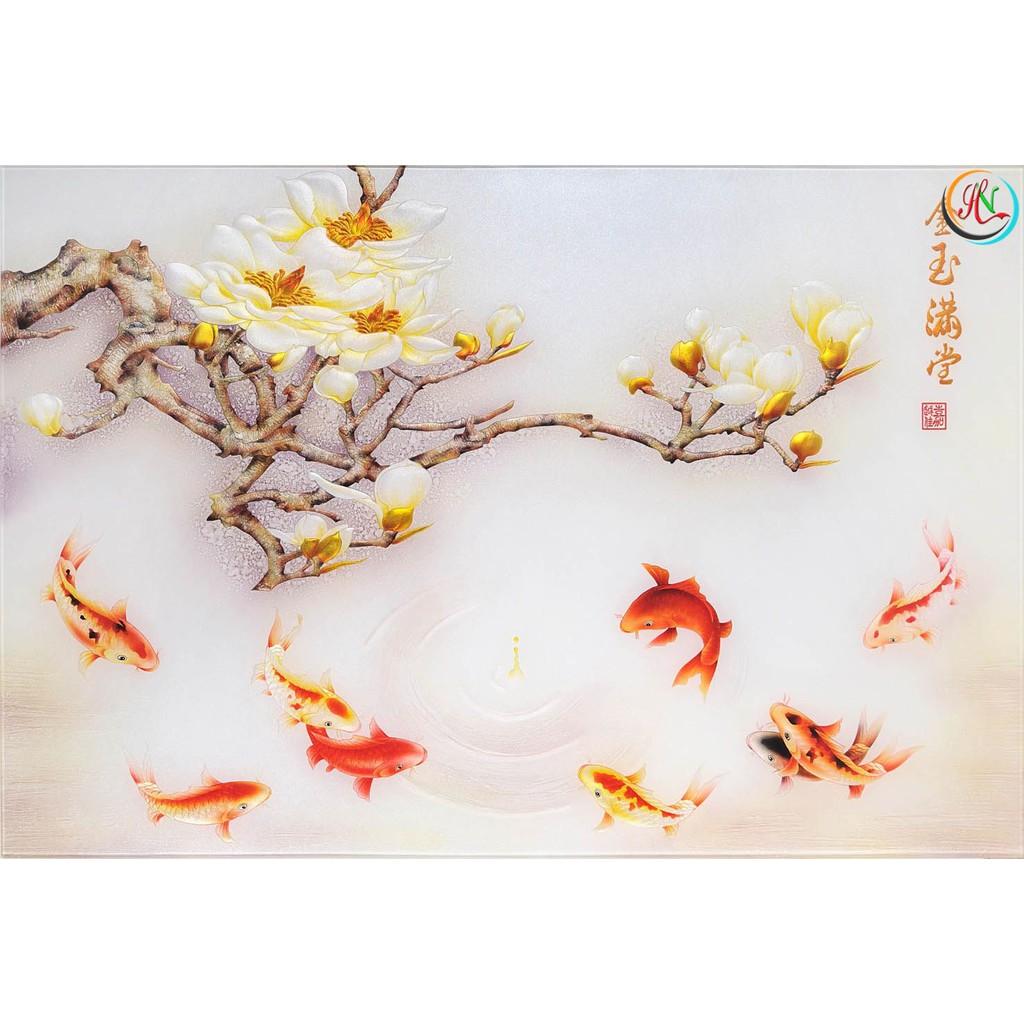 Tranh dán tường 3D cá và hoa - vải lụa kim tuyến