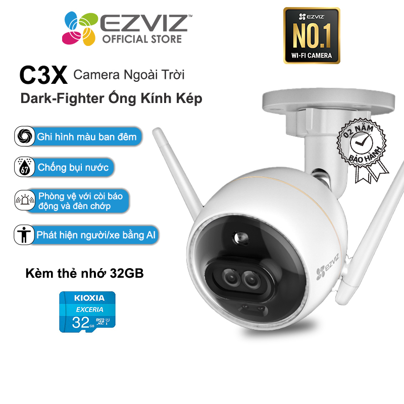 Combo Camera Wi-fi EZVIZ C3X 2MP Ngoài Trời, Ống Kính Kép, Kèm Thẻ Nhớ  32GB/64GB - Hàng Chính Hãng