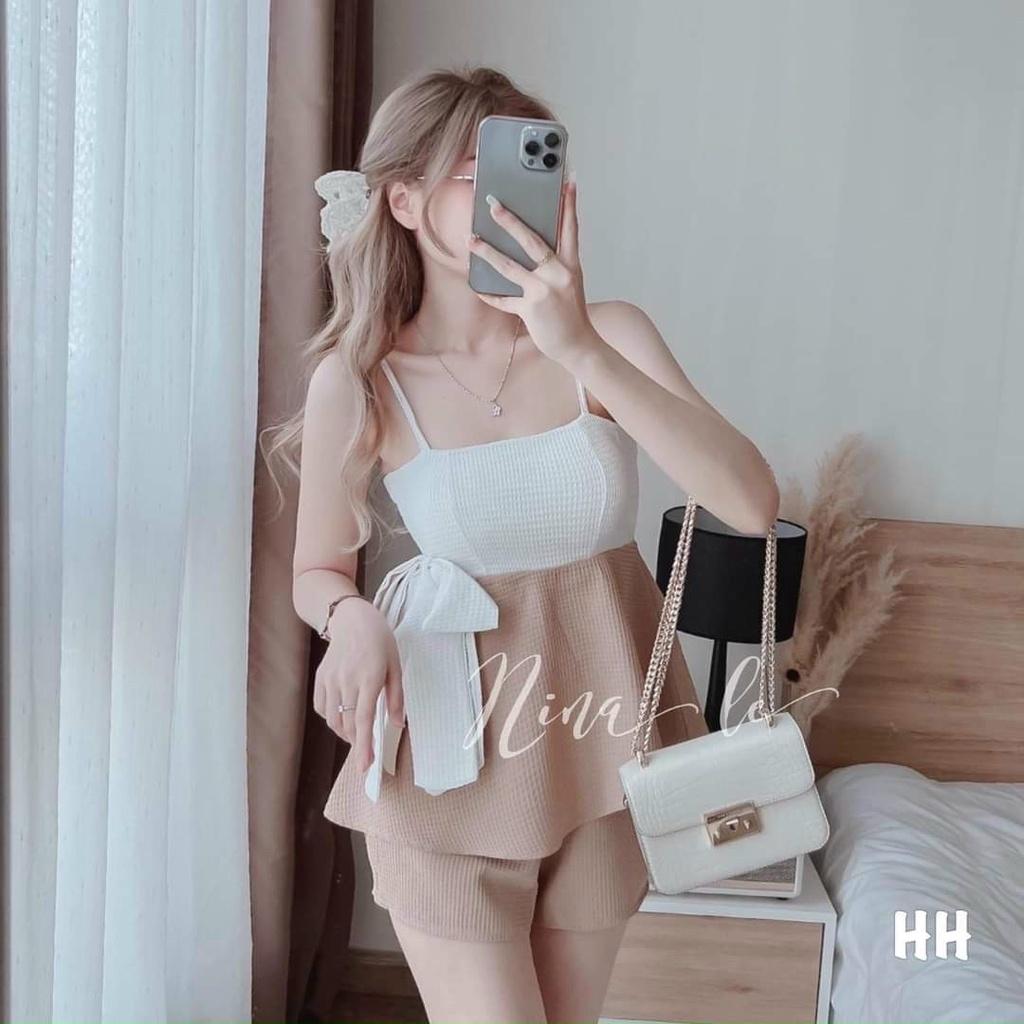 Set bộ áo 2 dây cột nơ kèm quần 2 màu y hình phù hợp với xu hướng, hot trend