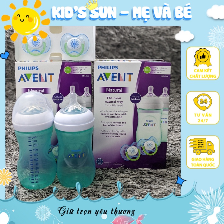 Set Bình Sữa Av.ent Na.tural Cổ Rộng Mô Phỏng Tự Nhiên (Màu Xanh) 260ml