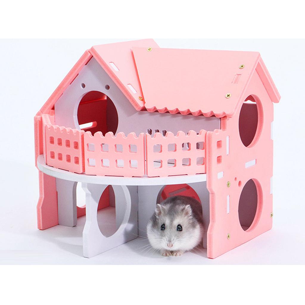 Double Layers Hamster Wooden Pink Villa House Small Pet Hideout Rats Home