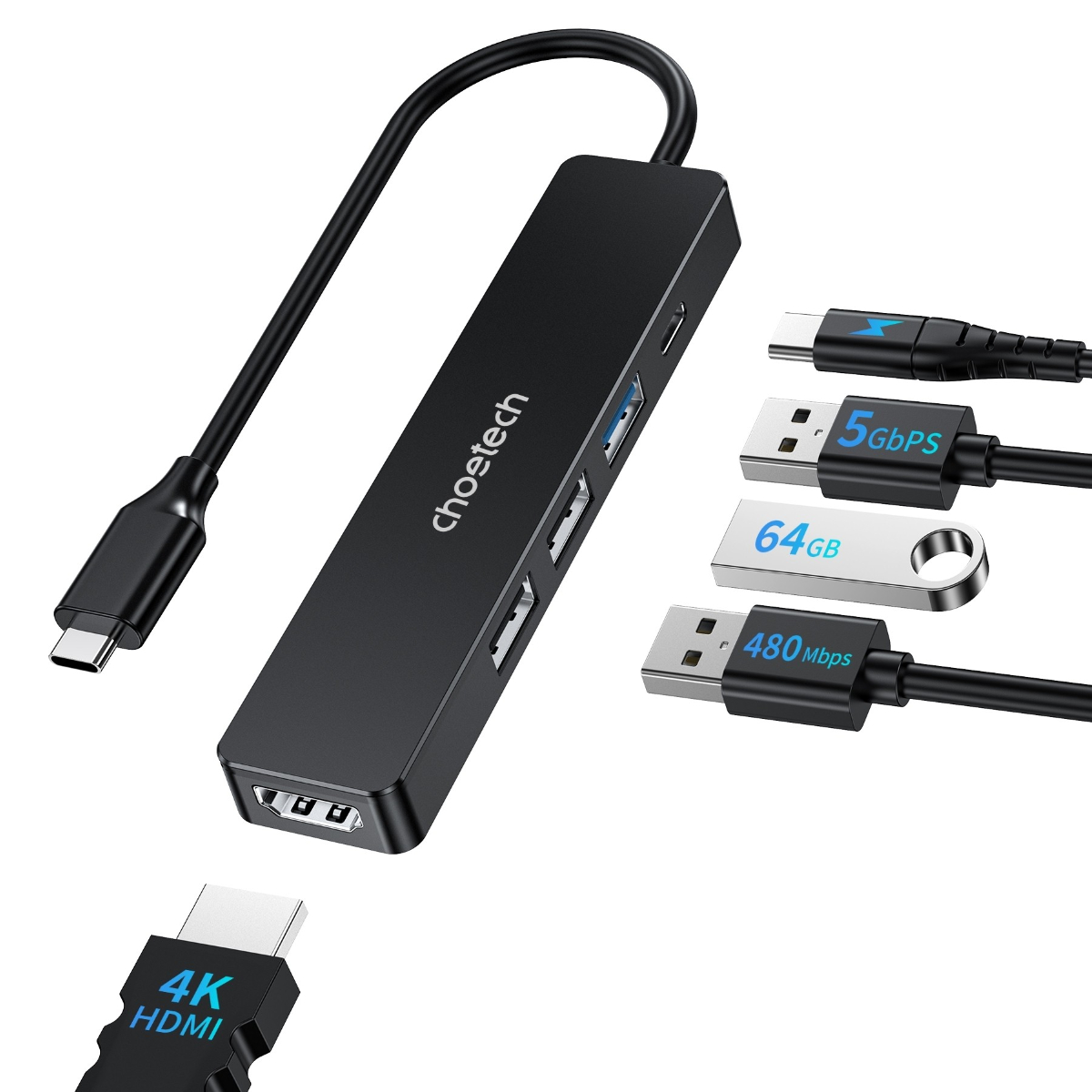 Hub chuyển đổi 5 in1 Choetech M80 (Type C to HDMI 4K30Hz + USBx 3 + PD100W) - Hàng chính hãng