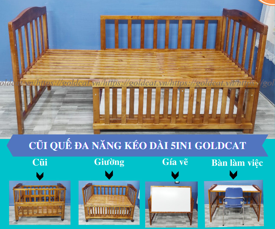 Cũi Cho Bé GOLDCAT Chất Liệu Gỗ Quế Tự Nhiên, Tích Hợp 5 Chế Độ Sử Dụng Cho Bé 0-10 Tuổi