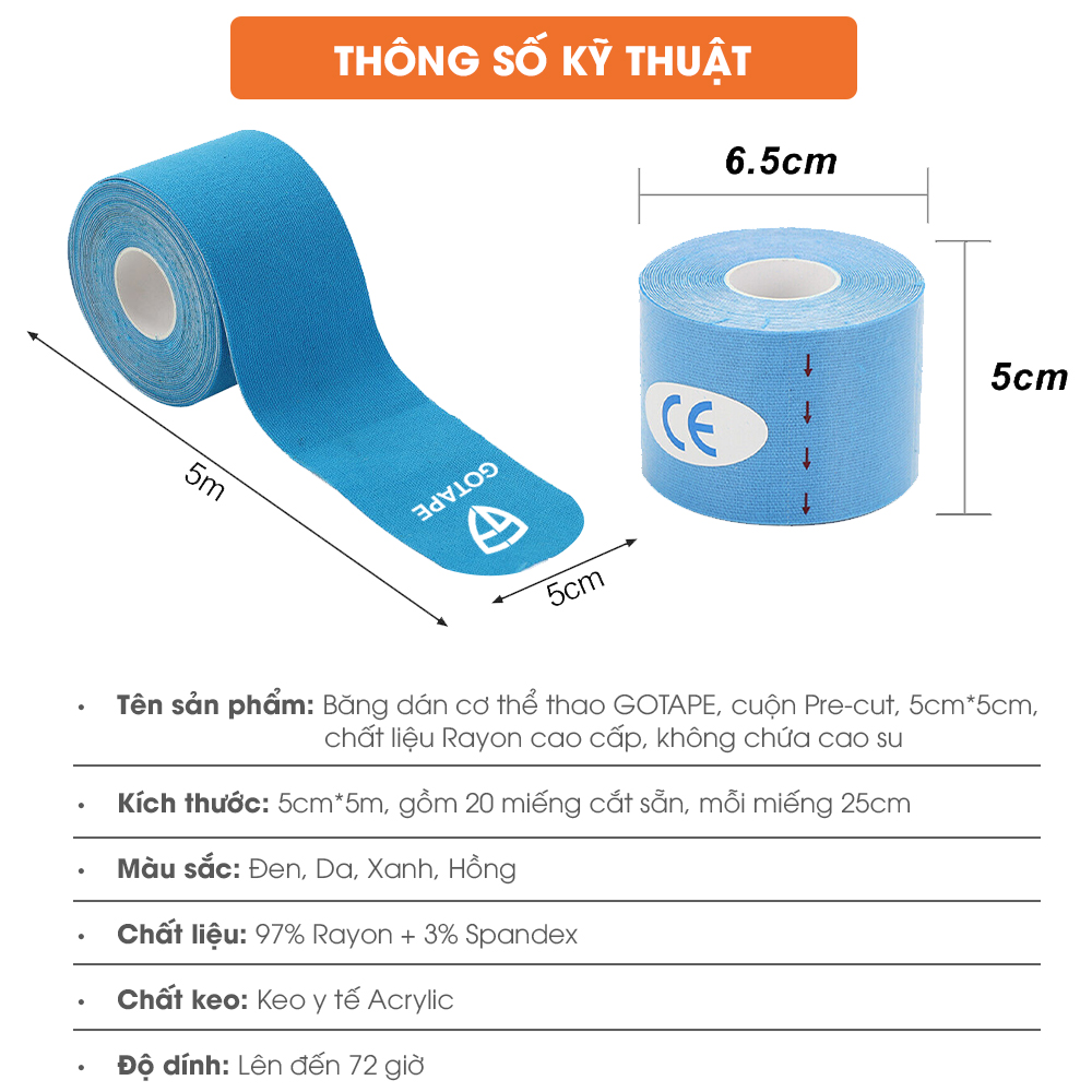 Băng dán cơ thể thao GoodFit Gotape, cuộn Pre-cut, 5cm*5m, chất liệu Rayon cao cấp, không chứa cao su