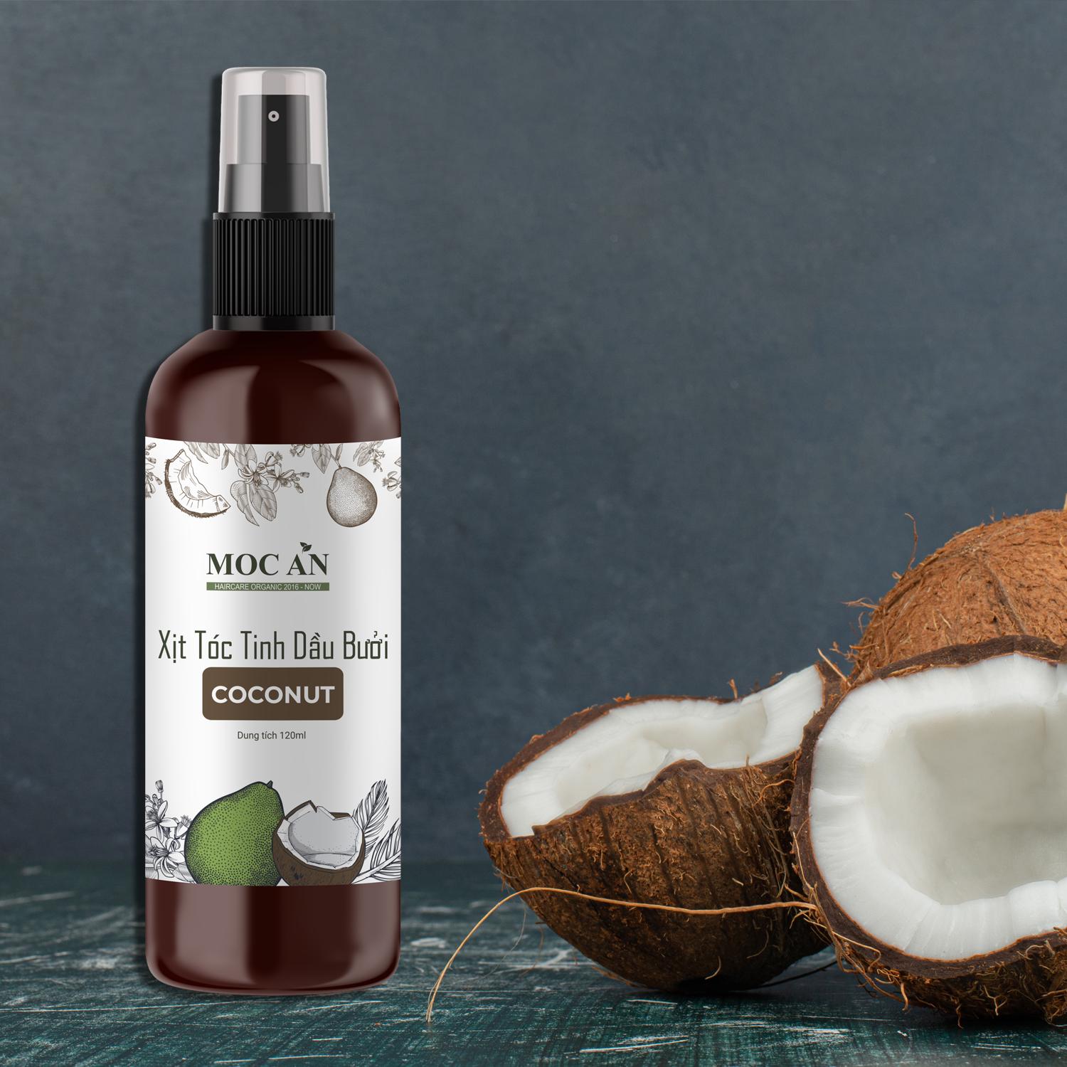 Xịt Kích Mọc Tóc Tinh Dầu Bưởi Dừa Non ( Coconut ) 120ml Mộc Ân Haircare hỗ trợ giảm rụng, giảm mảng bám gàu trên da đầu