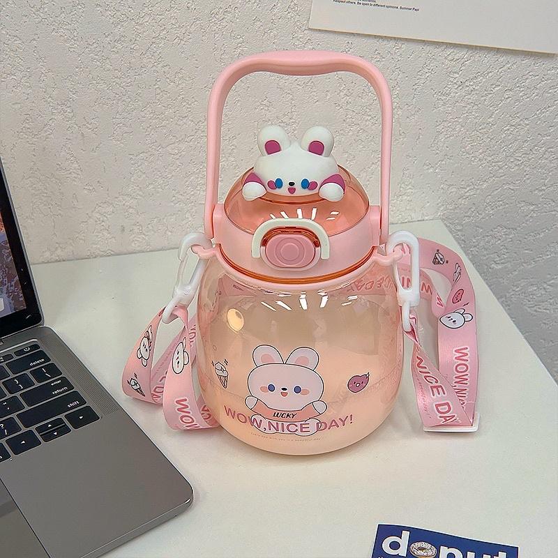 Bình nước hình thú cute mẫu mới 1,3L tặng kèm dây đeo và ống hút - Bình đựng nước hoạt hình dễ thương cho bé có quai đeo