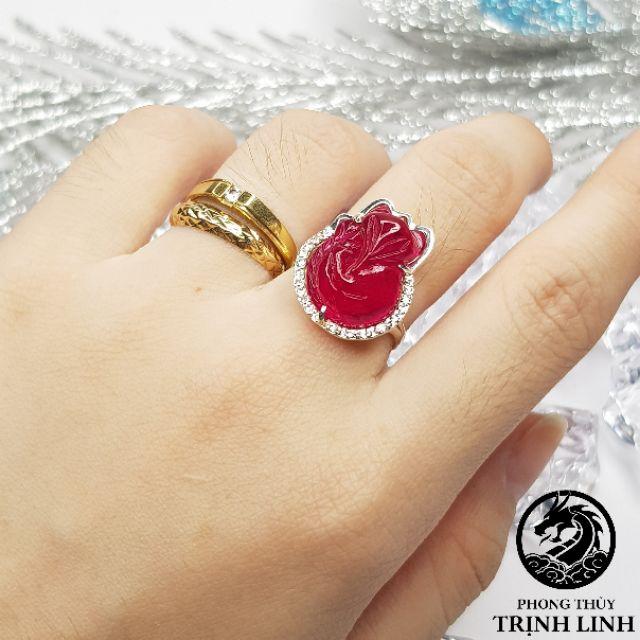 NHẪN BẠC CỬU VỸ HỒ LY ĐỎ ĐẬM