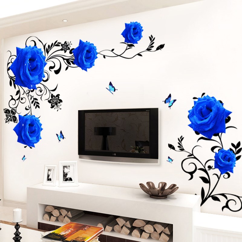 Decal dán tường hoa hồng xanh 3D khổ lớn CH2005 Decalslike3D