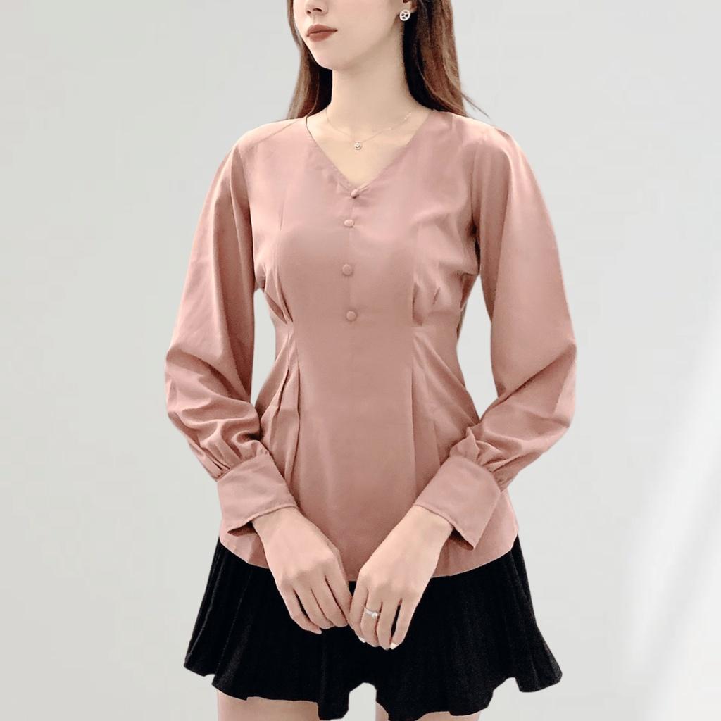 Áo thun nữ dài tay, áo kiểu xếp ly eo hồng đất EKS122