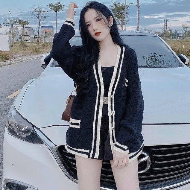 Áo len cardigan pha màu ĐEN - TRẮNG, kiểu dáng trẻ trung