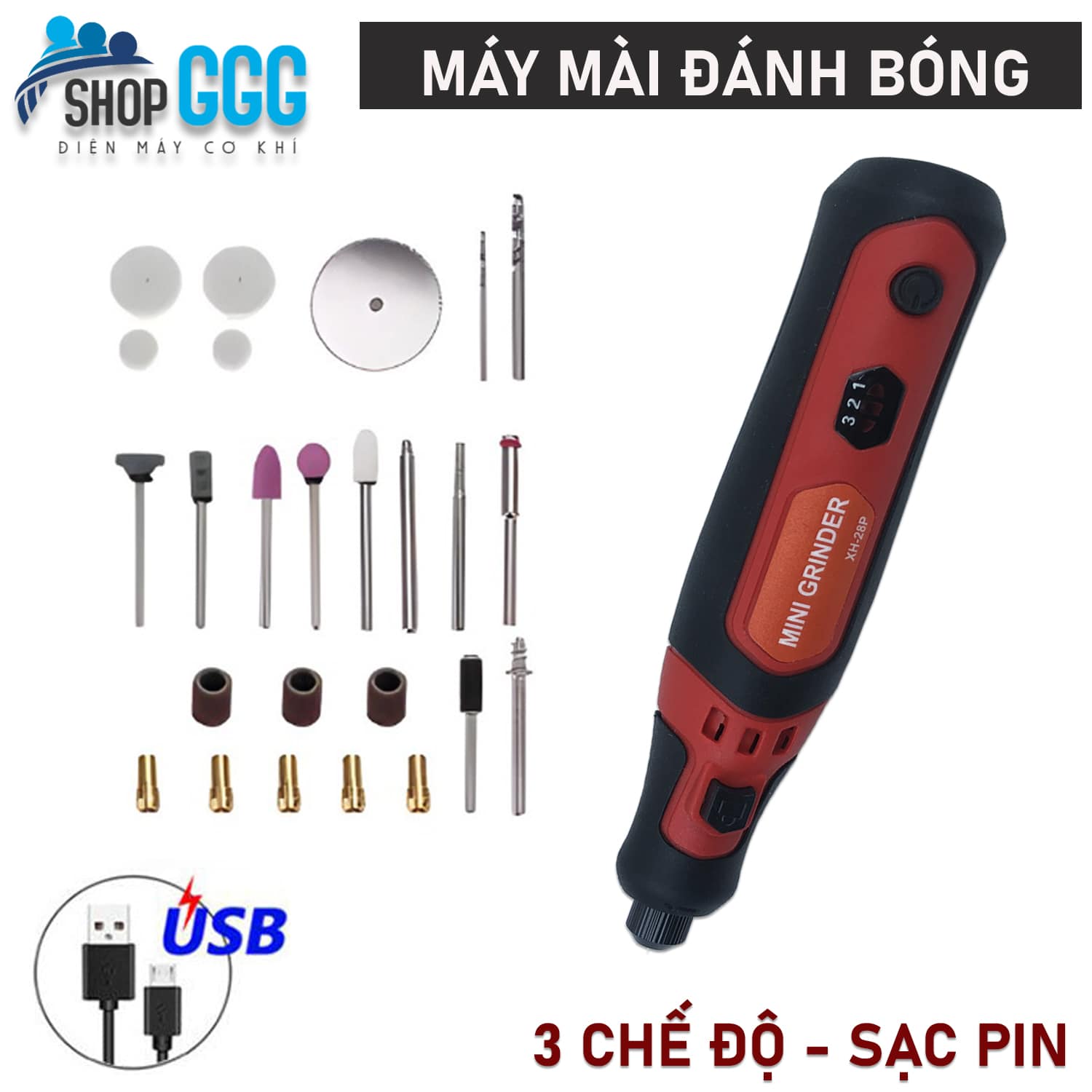 Máy mài khuôn, mài đánh bóng mini - 3 chế độ, sạc pin| Bộ 28 chi tiết | Cắt, khắc, phay, mài, vẽ, cắt tỉa, đánh bóng, tháo và khoan