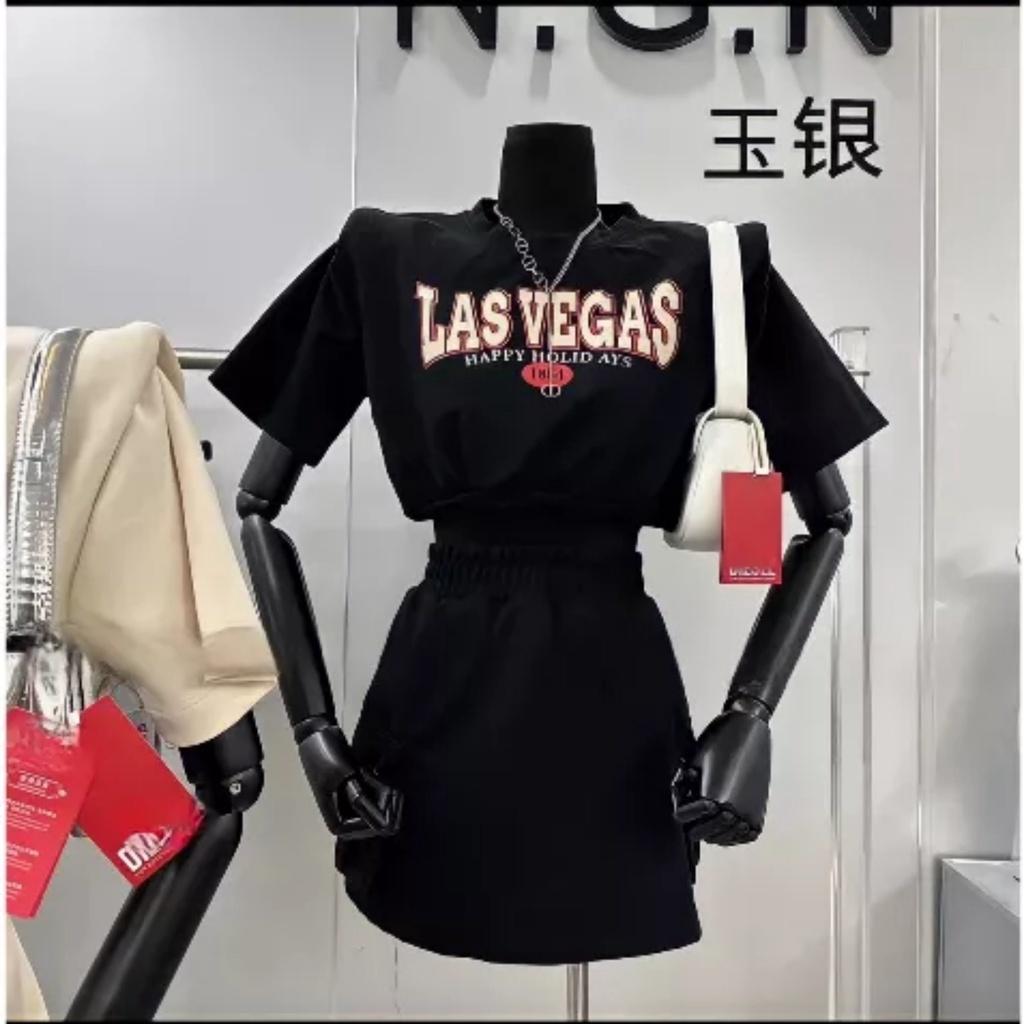 Bộ Áo Thun LASVEGAS Kèm Chân Váy Túi Hộp Vải Cotton Cạp Cao