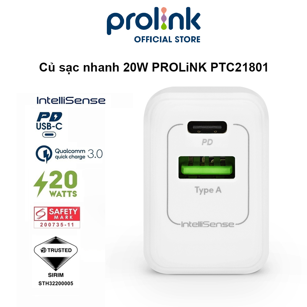 Củ sạc nhanh 20W PROLiNK PTC21801 có 2 cổng USB-A & USB-C dành cho iPhone, iPad, Samsung, Xiaomi - Hàng chính hãng