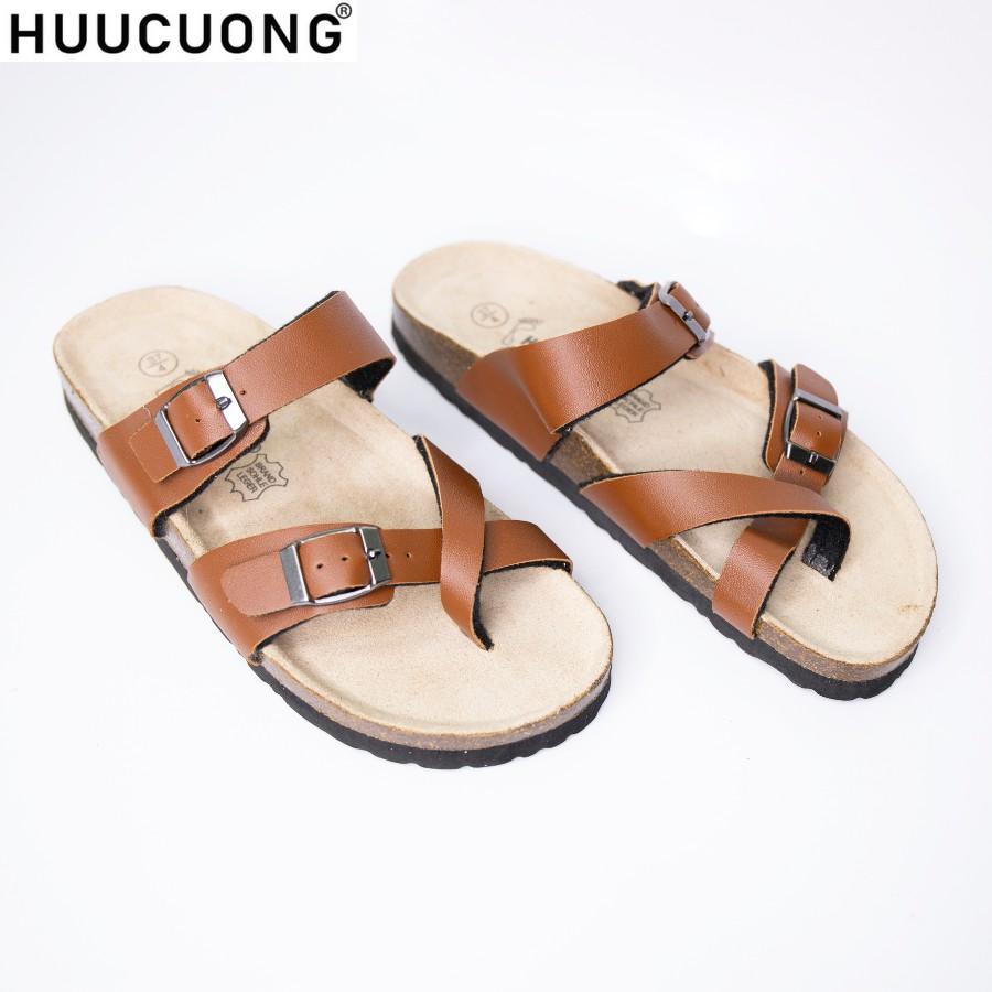 Dép unisex HuuCuong xỏ ngón pu nâu đế trấu handmade