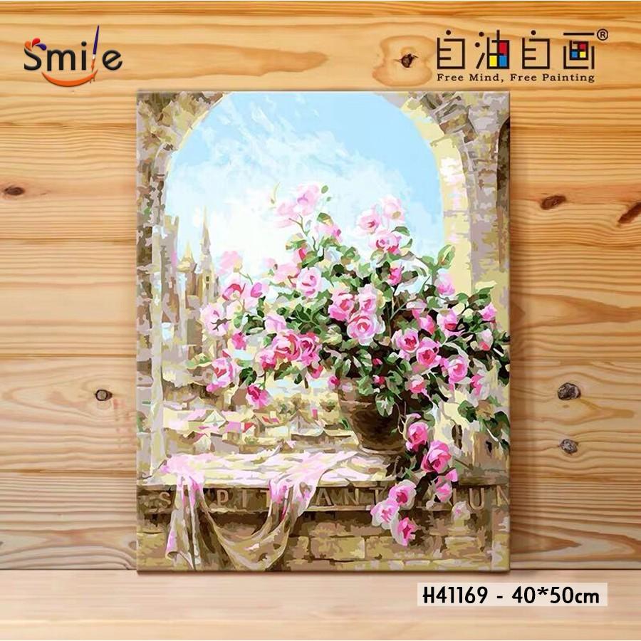 Tranh sơn dầu số hóa tự tô màu cao cấp Smile FMFP Bình hoa hồng bên cửa sổ H41169