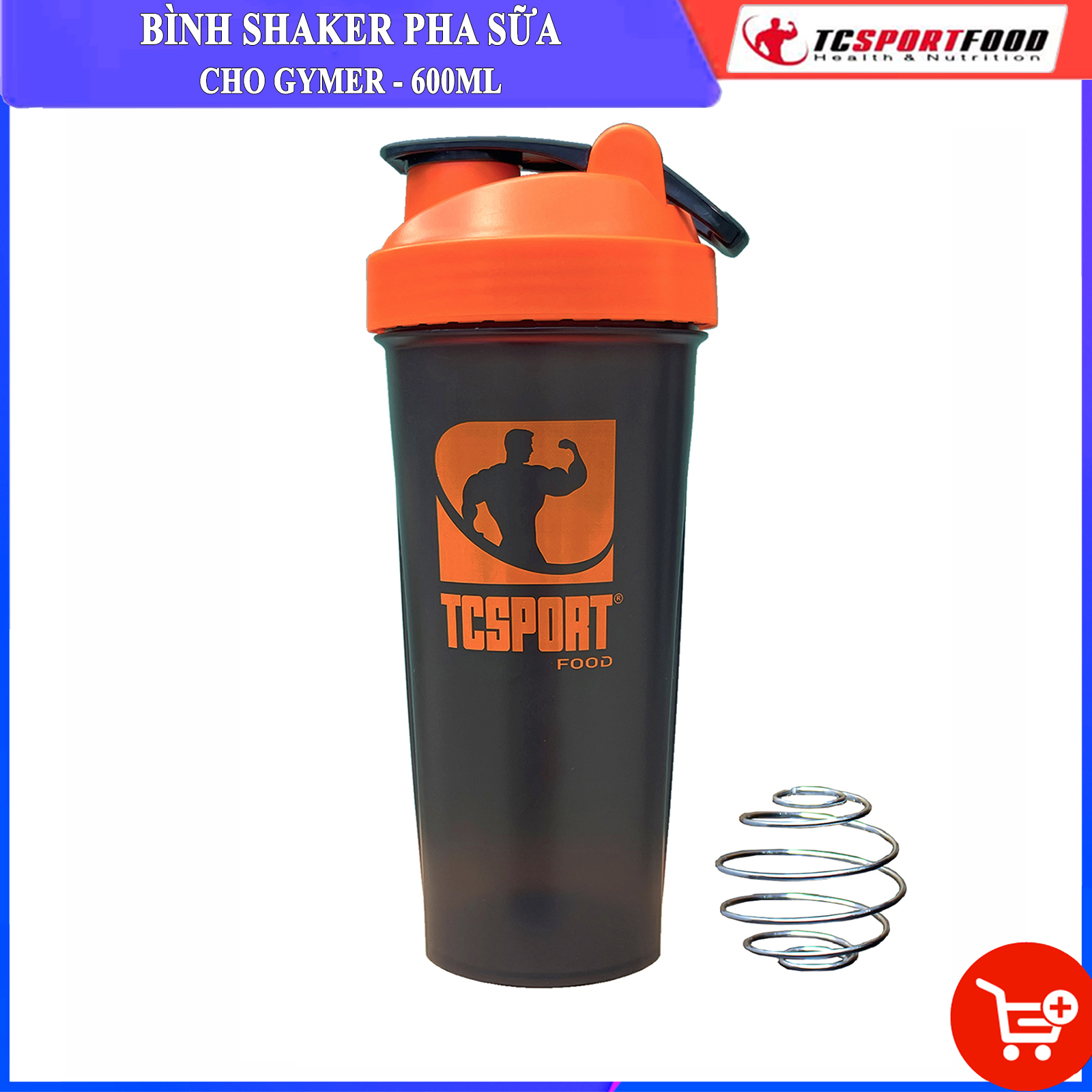 Bình lắc Shaker pha sữa cho người tập GYM hiệu TCSPORTFOOD - Bình nước thể thao Shaker 600 ml - Bình đen nắp cam