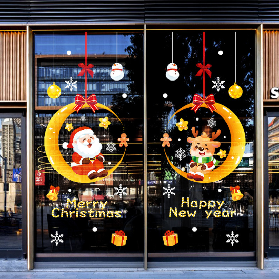 Decal trang trí Noel - Ông già Noel và chú tuần lộc trên cung trăng