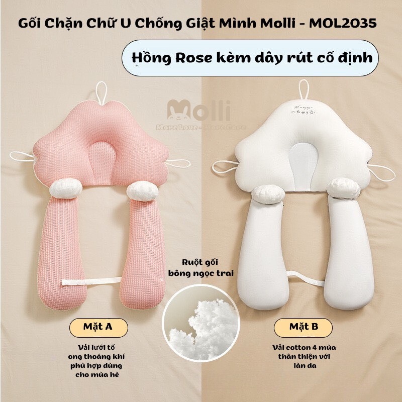 Gối chữ U cho bé sơ sinh Molli, chống giật mình chống méo đầu, có dây rút điều chỉnh 3 đầu giúp bé sơ sinh ngủ ngon