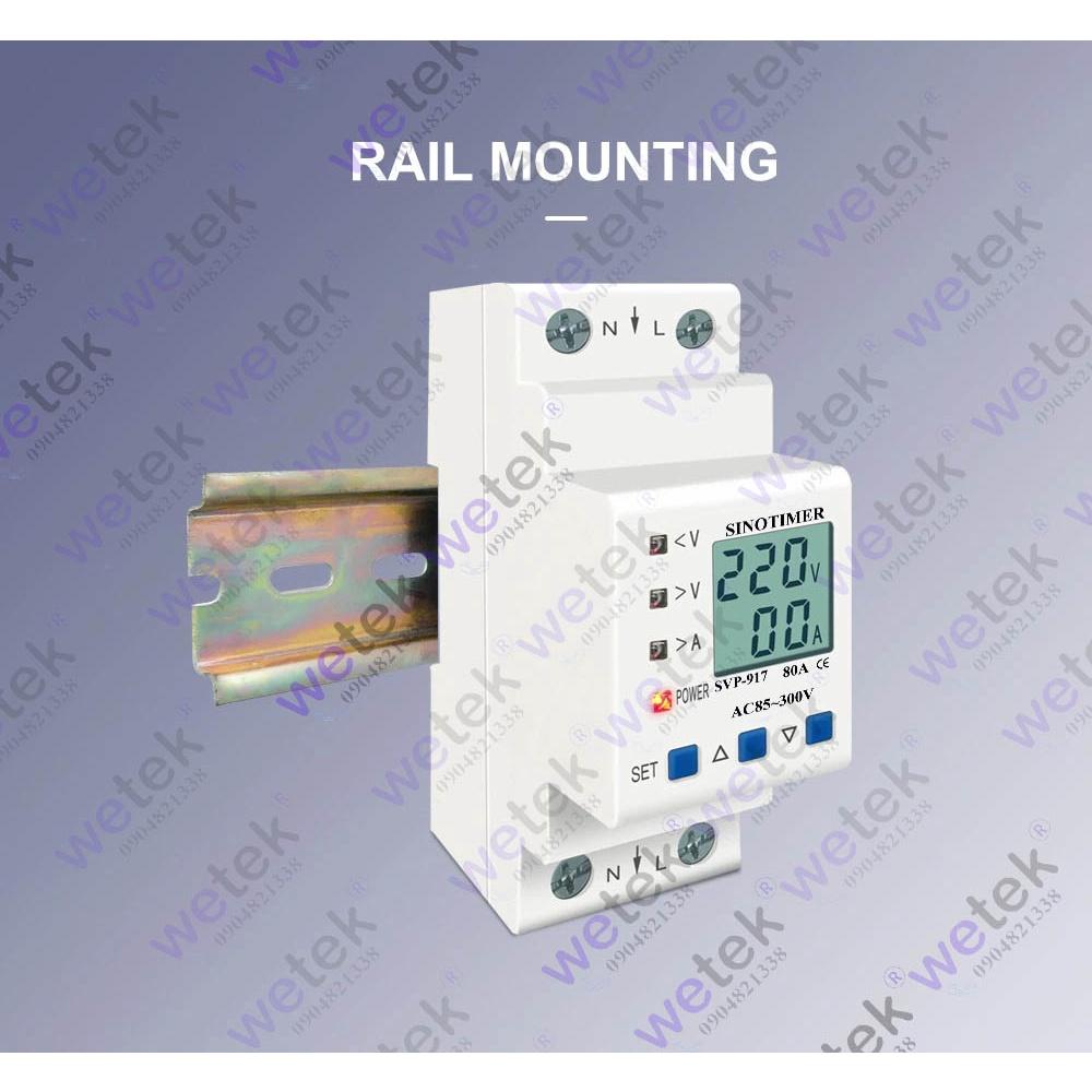 SVP-917 Công tơ kiêm bảo vệ điện áp, dòng điện, LCD, 9999.9kWh (2 chiều), 85~300Vac, 1~80A, đo V A kWh kW, Sinotimer