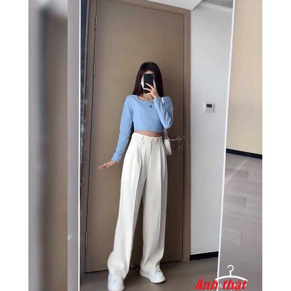 Quần tây nữ ống rộng dài 100cm lưng cao cạp lệch túi nắp trước 2 khuy độc lạ-Kèm ảnh thật khách mặc