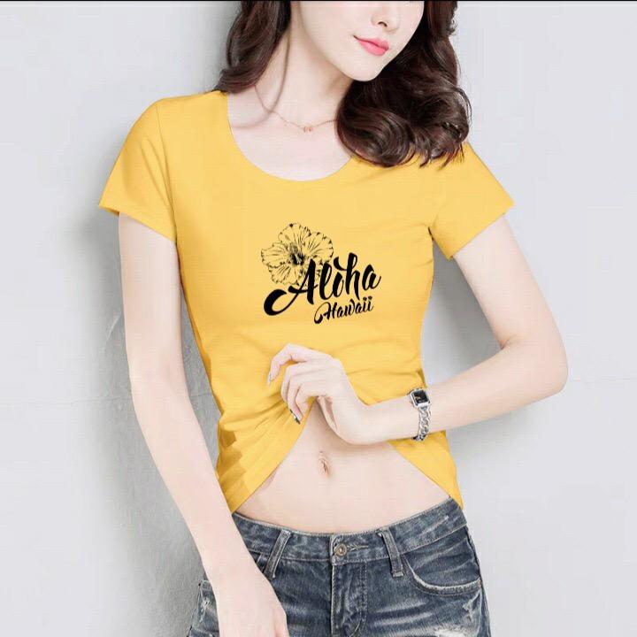 Áo thun nữ MXM cổ tròn form ôm body in chữ Aloha cực xinh thun cotton 4 chiều từ 40-52kg