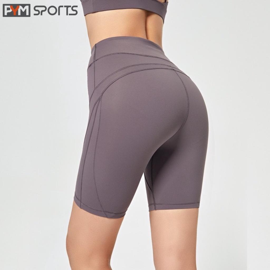 Quần legging đùi tập gym yoga PYMSPORT - PYML029 thun cạp cao, dáng ôm bó, 4 màu đen, tím, ghi, hồng