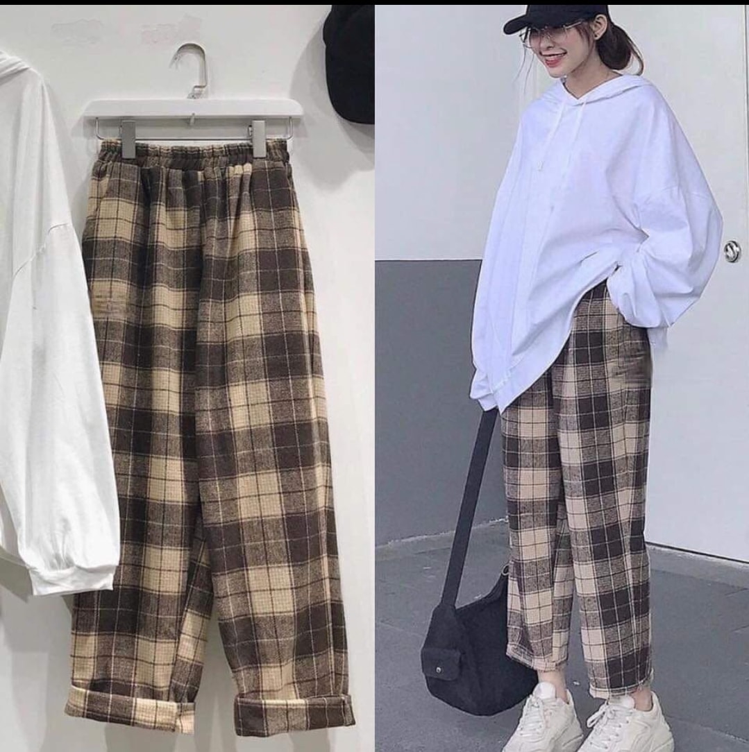 Q002 Quần ống rộng thô đũi caro cạp chun lưng cao cute, quần culottes ống suông dài karo vintage retro unisex Hàn Quốc